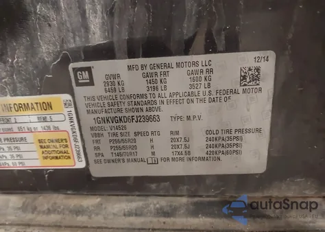 2015 Chevrolet Traverse 1Lt from USA, damaged, VIN 1GNKVGKD6FJ239663